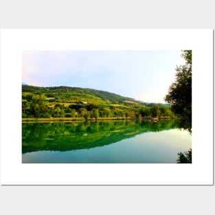 Classic panorama with Marche hilly landscape, emerald waters of the lake, tree silhouette and lush vegetation Posters and Art